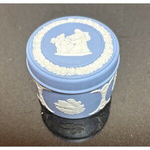 Wedgewood Blue Jasperware Covered Trinket Box Cupid Dish Vintage Made In England
